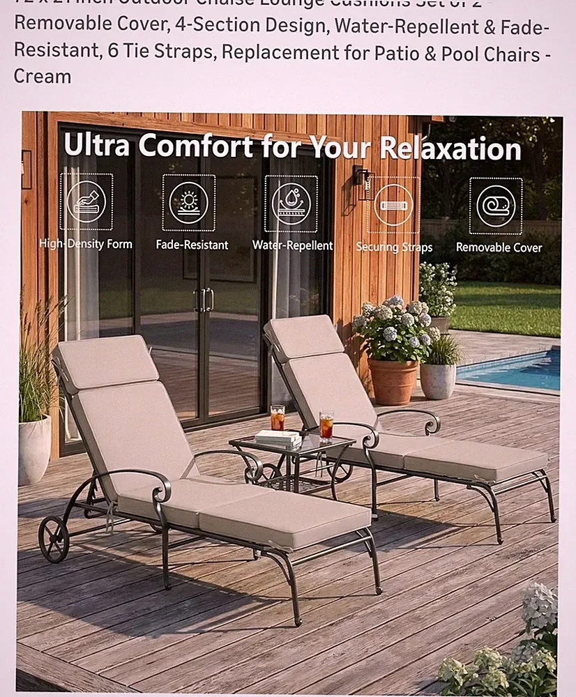 2 Pcs Chaise Lounge Cushions Outdoor, 72" L X 21" W X 4" D Lounge Chair Cushions