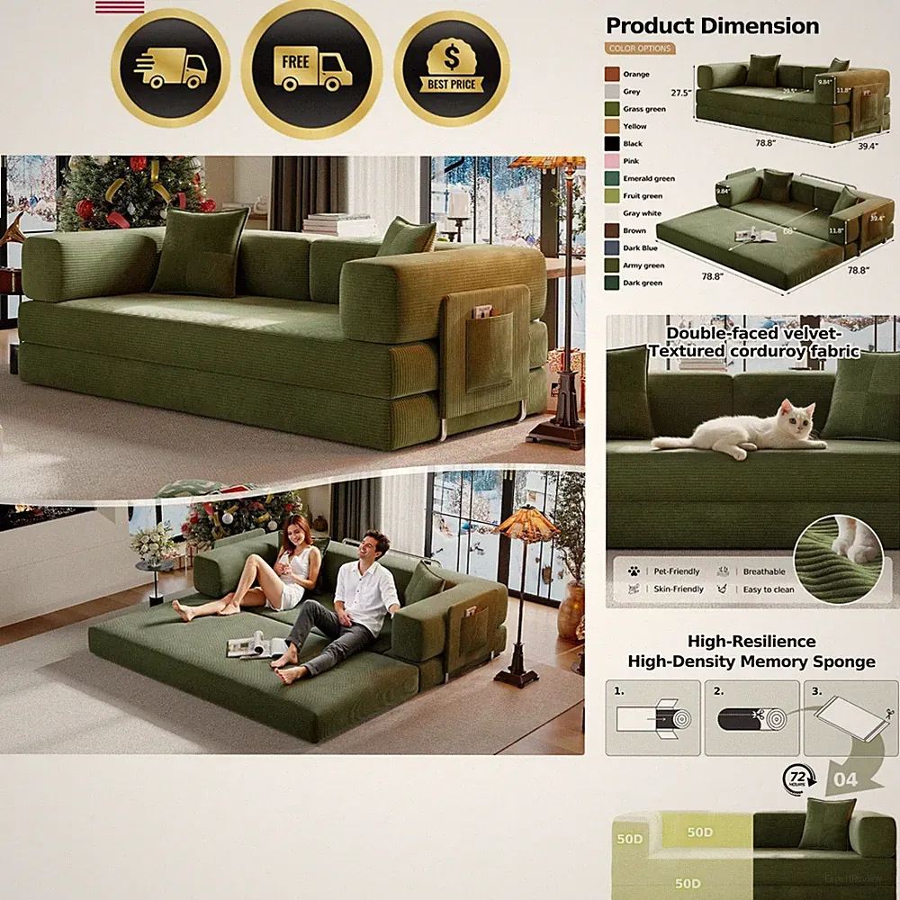 Convertible Sofa Bed Futon Couch with Storage Pocket Green 78 8 inch