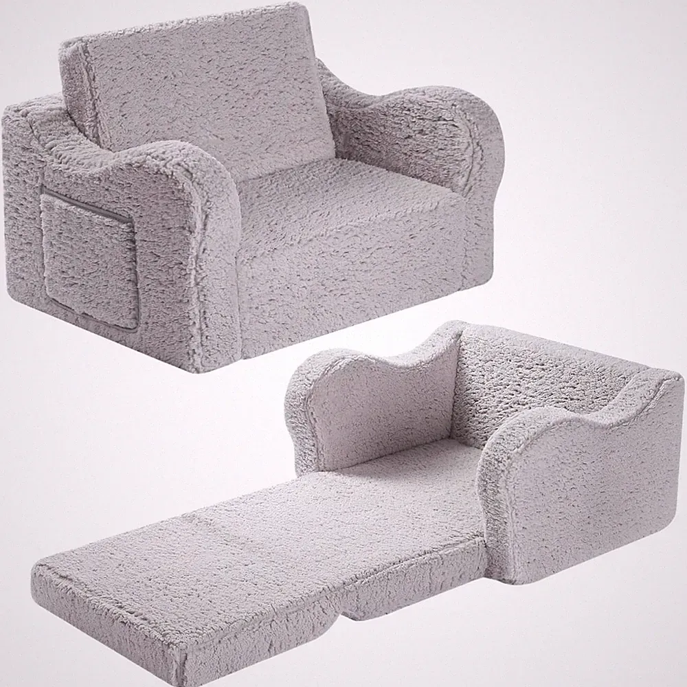 Grey Kids Sofa Chair - Convertible 2-in-1 Flip-Out Foam Lounger for Play & Read