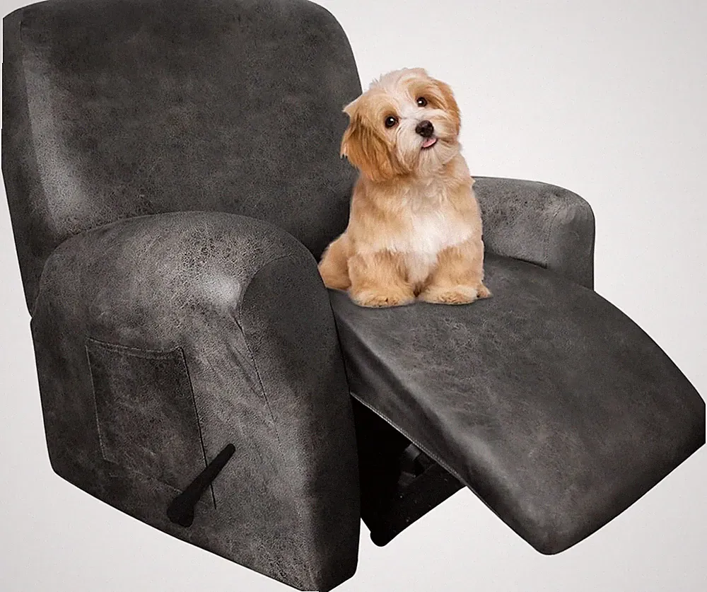 Khaki Leather-Look Spandex Recliner Chair Covers, 4-Piece Soft Protector