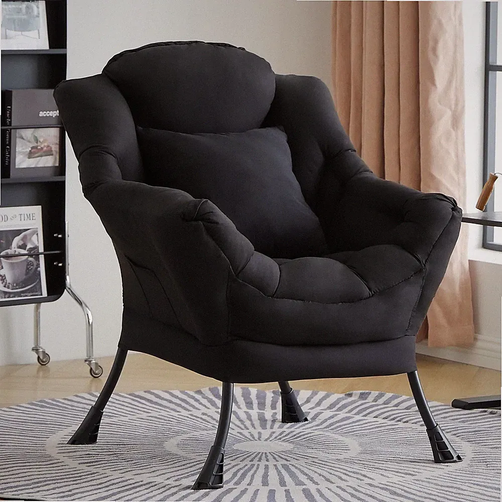 Lazy Chair for Living Room, Large Black Accent Chair with a Throw Pillow, Lei...