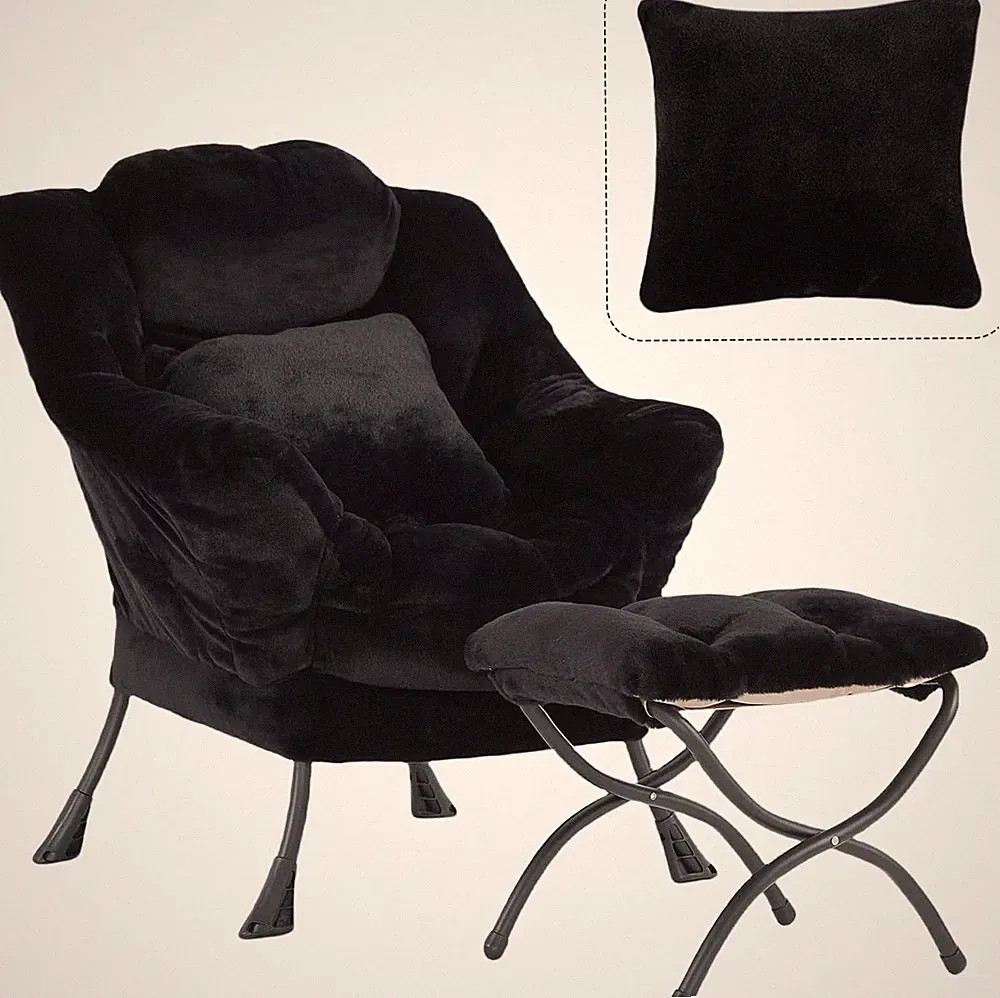 Lazy Chair W/ Ottoman Large Black Accent Chair W/ Ottoman & FA Throw Pillow