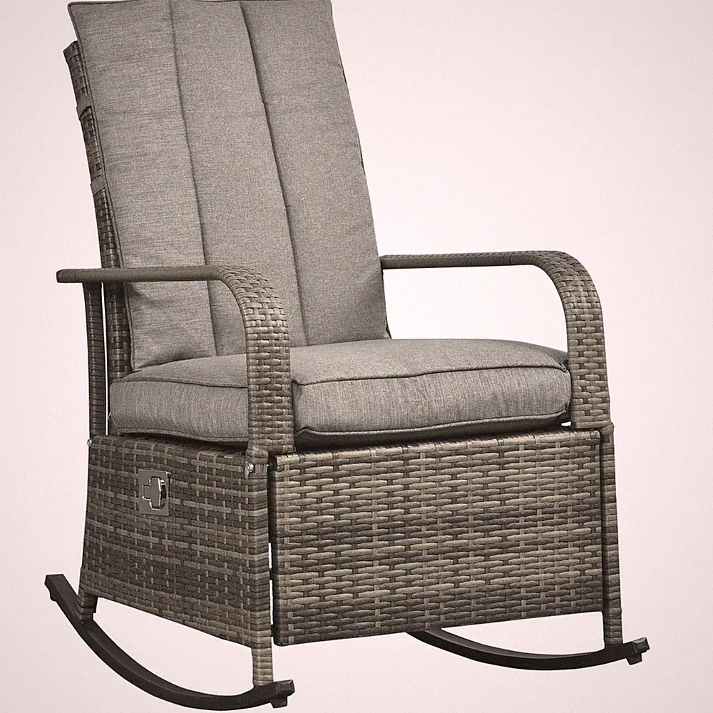 PE Wicker Rocker-Recliner, Gray, 135° Backrest, Removable Cushion Covers