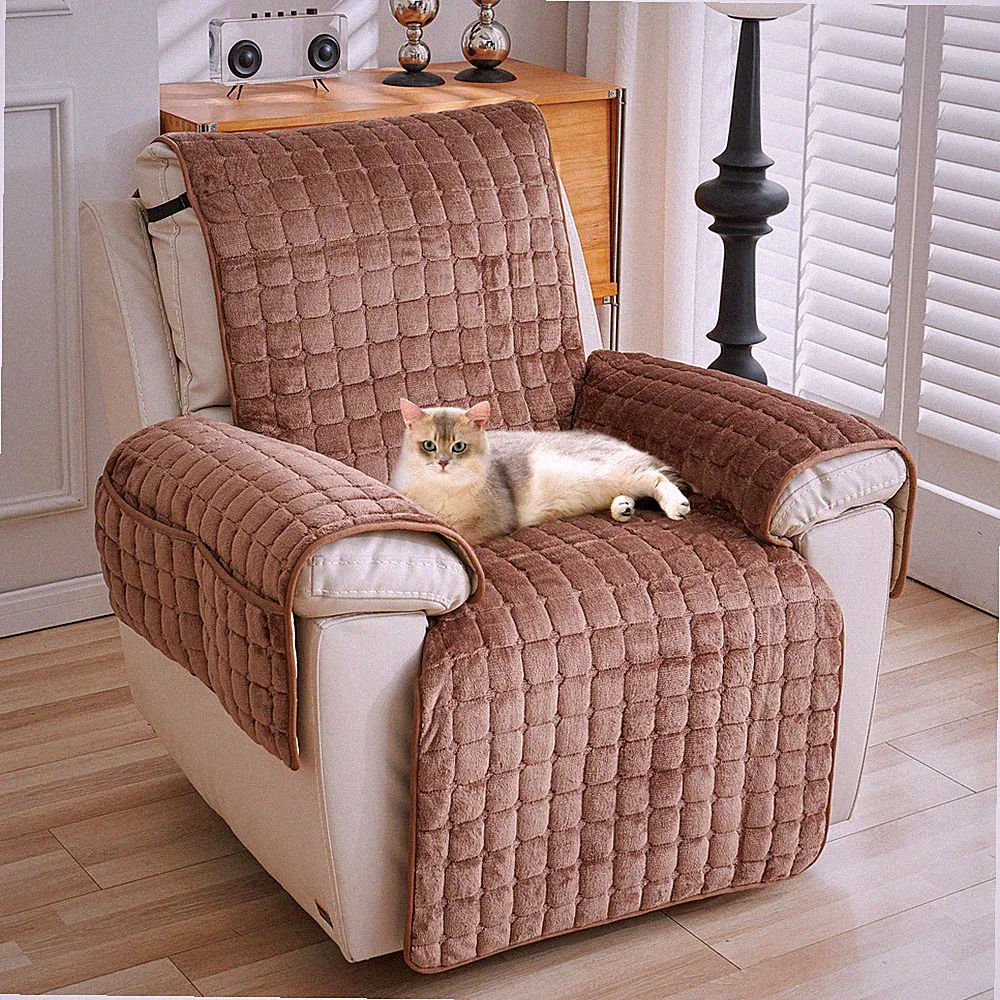 Plush Recliner Slipcover Washable Chair Covers Lazy Boy Cover with Side Pocket