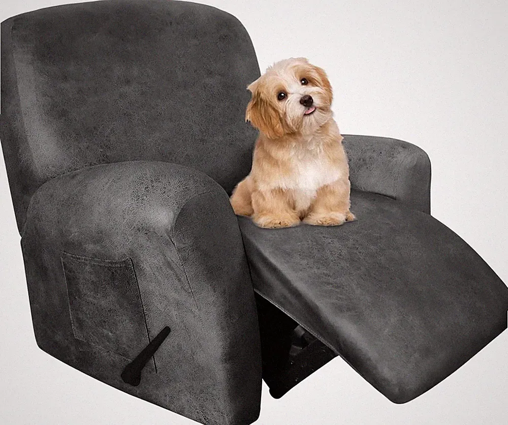 Soft Stretch Recliner Chair Covers - 4-Piece Washable Leather-Like Set (Light Gr