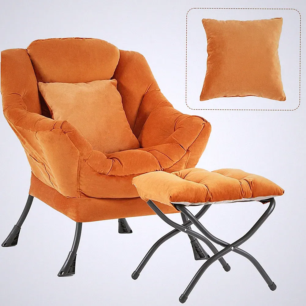 Tangerine Lazy Chair with Ottoman, Large Velvet Accent Chair with a Throw Pil...
