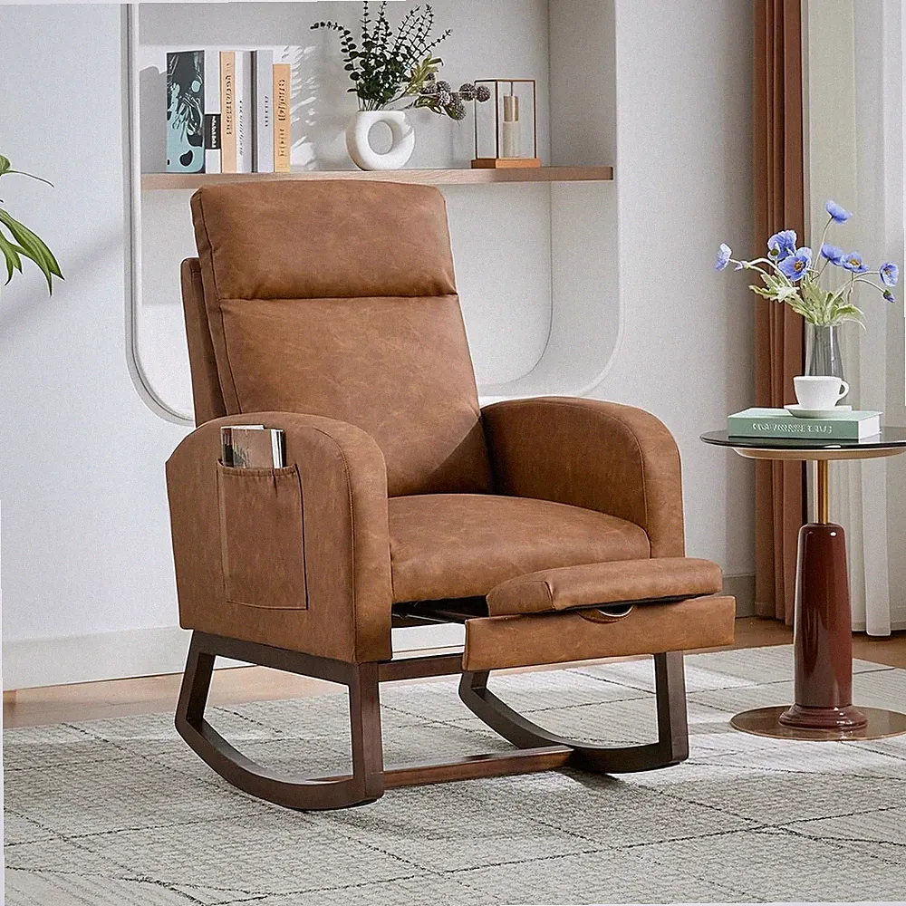Upholstered Glider Chair with Adjustable Footrest, Walnut Frame, Relaxing & Safe