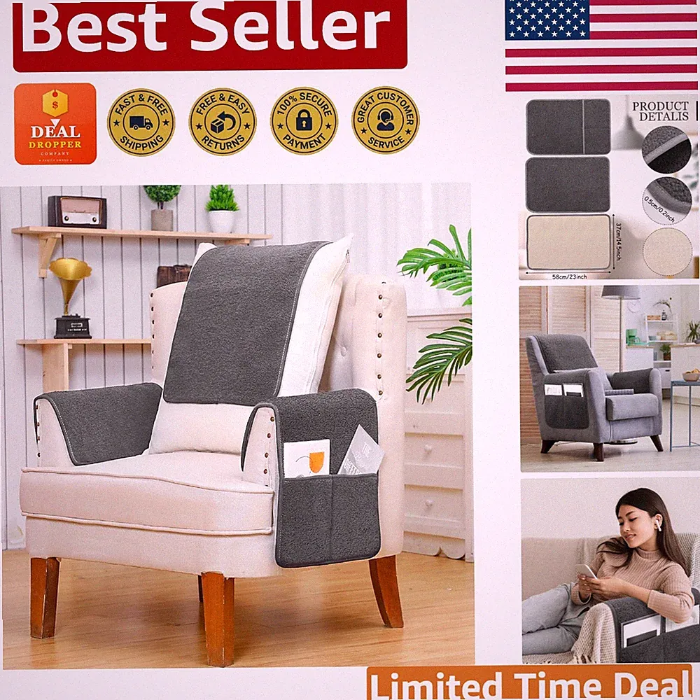 Washable Sherpa Recliner Protector Set – 3 Arm Covers with Storage Features