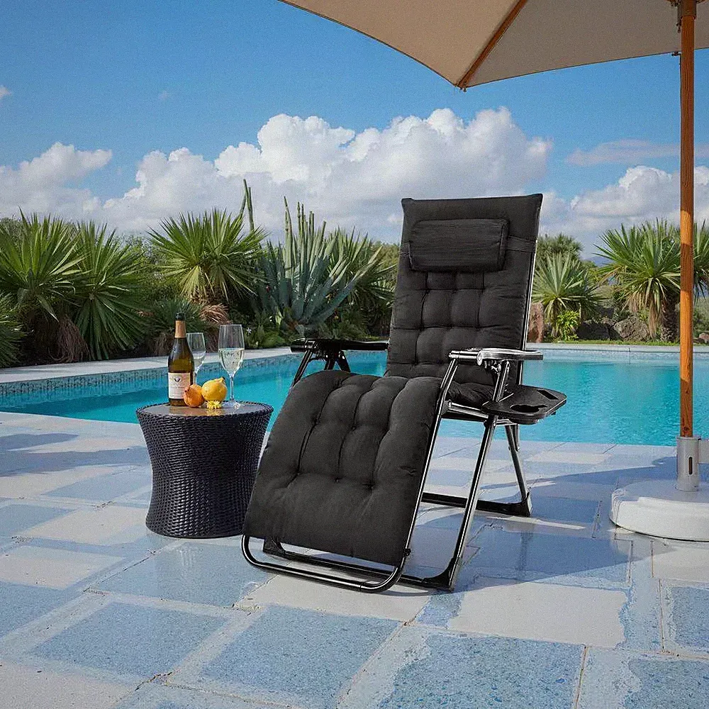 Zero Gravity Metal Reclining Outdoor Lounge Chair with Black Removable Cushion &